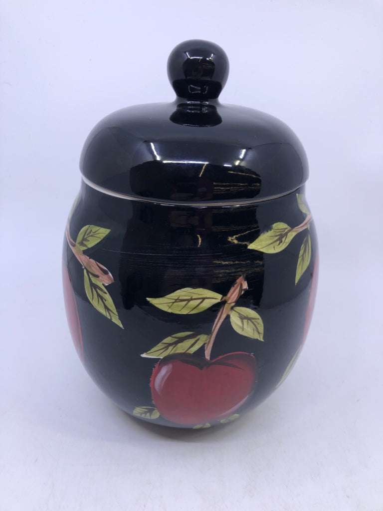 3 BLACK CANISTERS W/ PAINTED RED APPLES/BRANCHES.