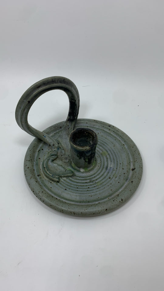 GREY W/BROWN SPECKLES CERAMIC CANDLESTICK HOLDER.