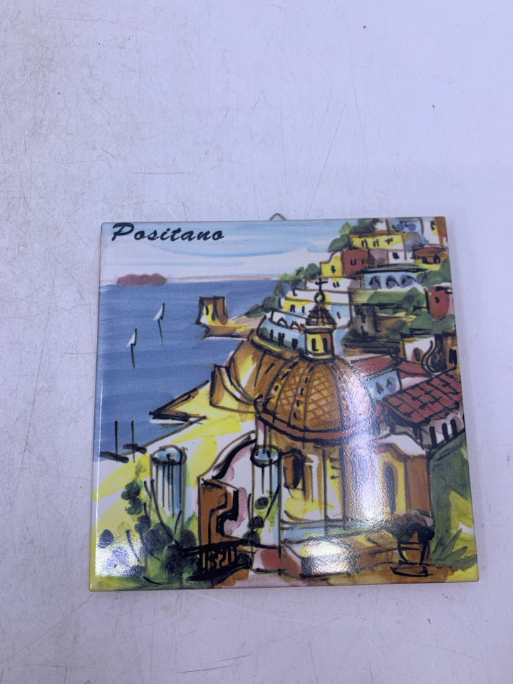 TERRA COTTA TILE PAINTED CITY SCENE TRIVET.