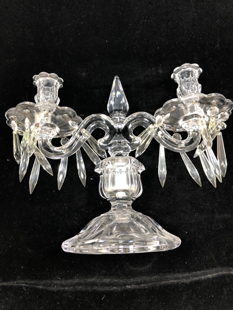 DOUBLE GLASS CANDELABRA W/DANGLING GEMS & GREEN CANDLES.