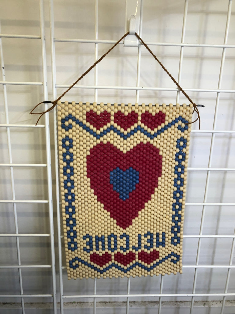 VTG BEADED WELCOME BANNER W/RED & BLUE HEART.