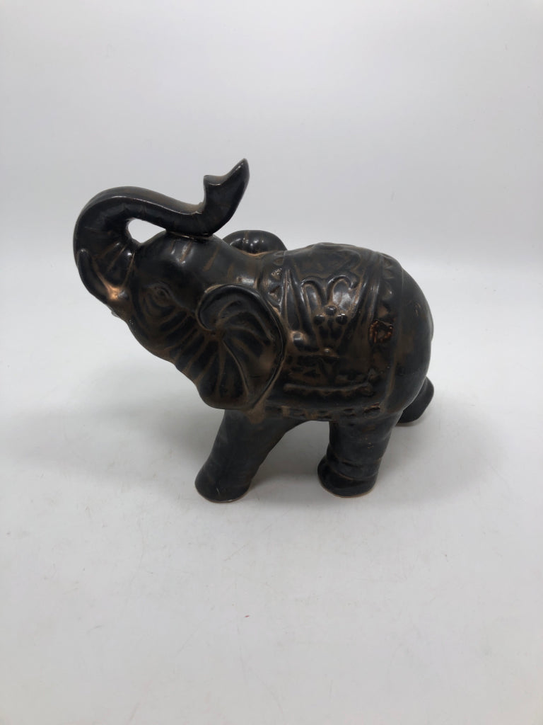 GREY W/GOLD PAINTED CERAMIC ELEPHANT.