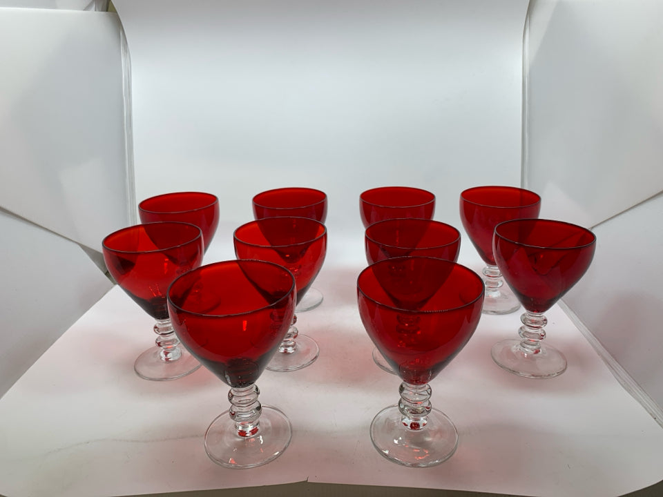 10 CLEAR STEM W/ RED GLASS WINE GLASSES.