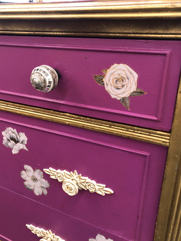 GOLD & PINK DRESSER 5 DRAWERS JEWELED KNOBS PRINTED FLOWERS.