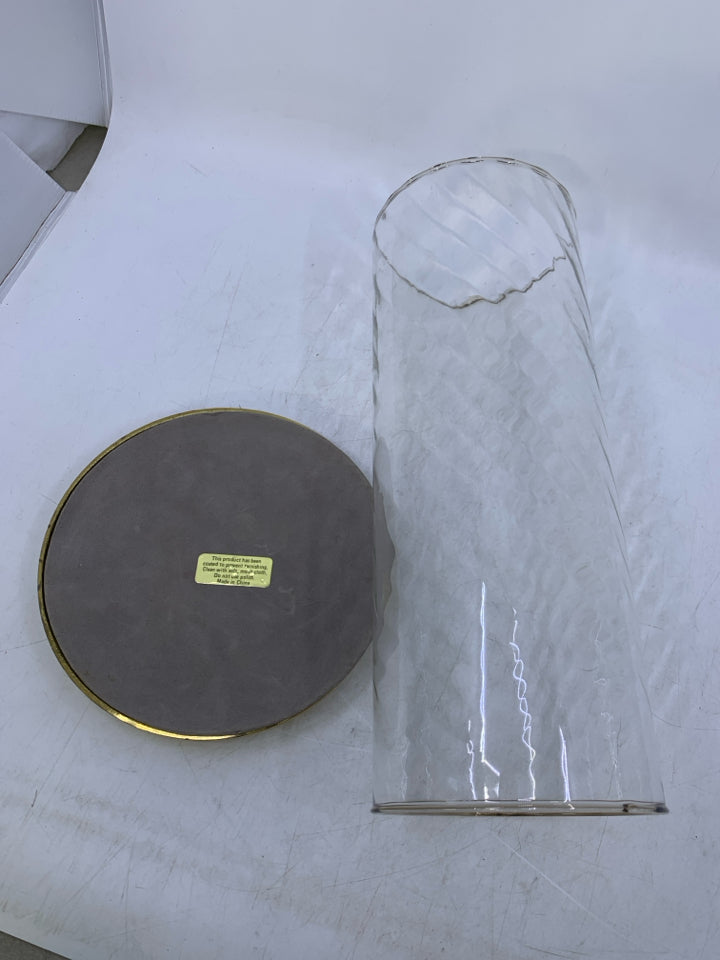 2 PC HEAVY GOLD METAL BASE W/ RIPPLE GLASS TOP PILLAR CANDLE HOLDER.