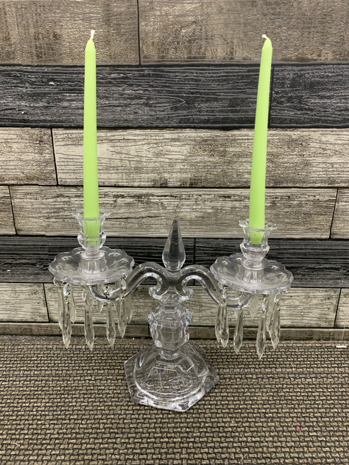 DOUBLE GLASS CANDELABRA W/DANGLING GEMS & GREEN CANDLES.