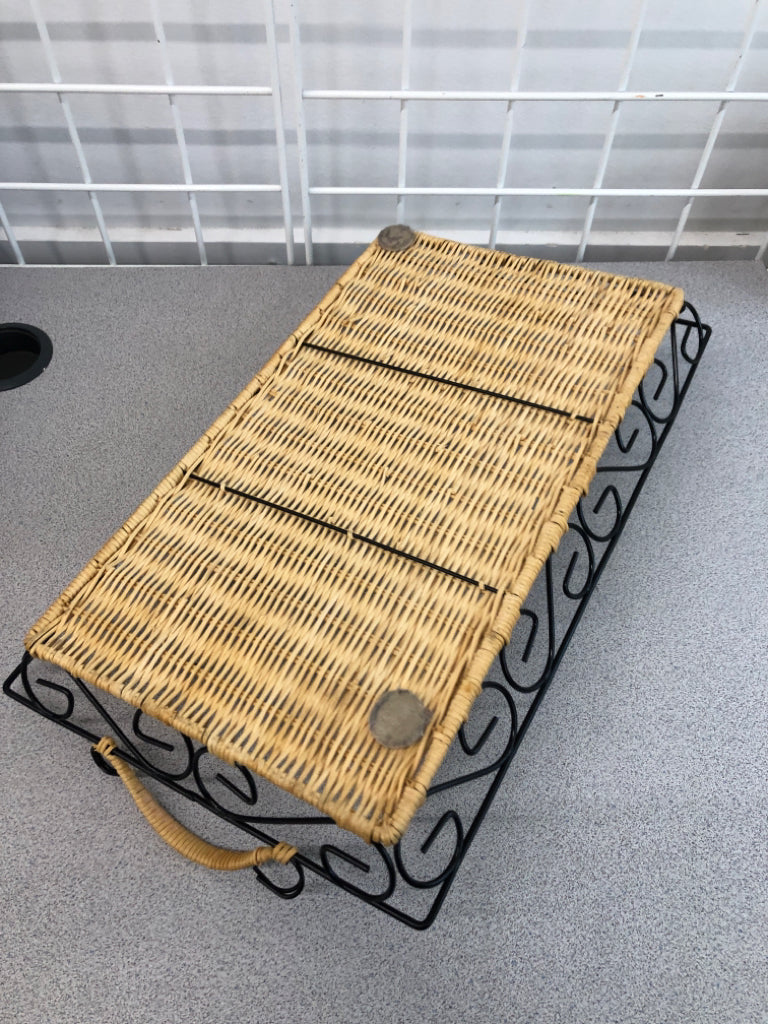 WICKER WOVEN TRAY W/METAL SCROLL SIDES/HANDLES.