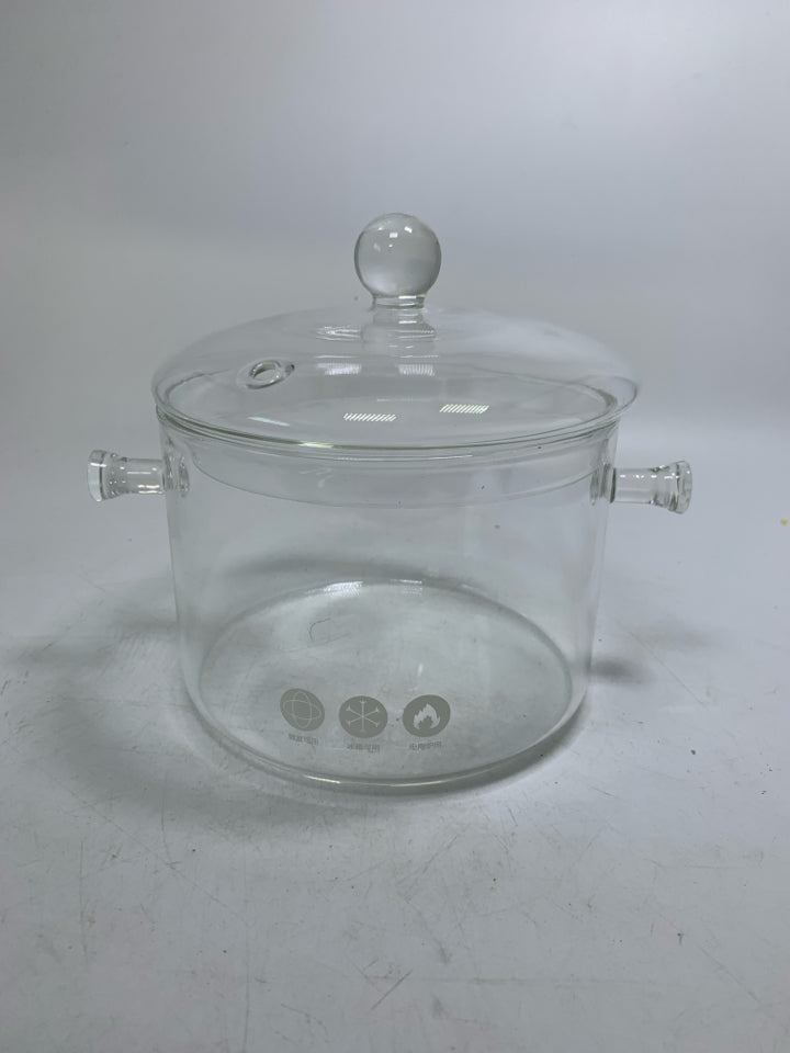 CLEAR GLASS SIMMER POT BOROSILLICATE GLASS W/ HANDLES & LID.