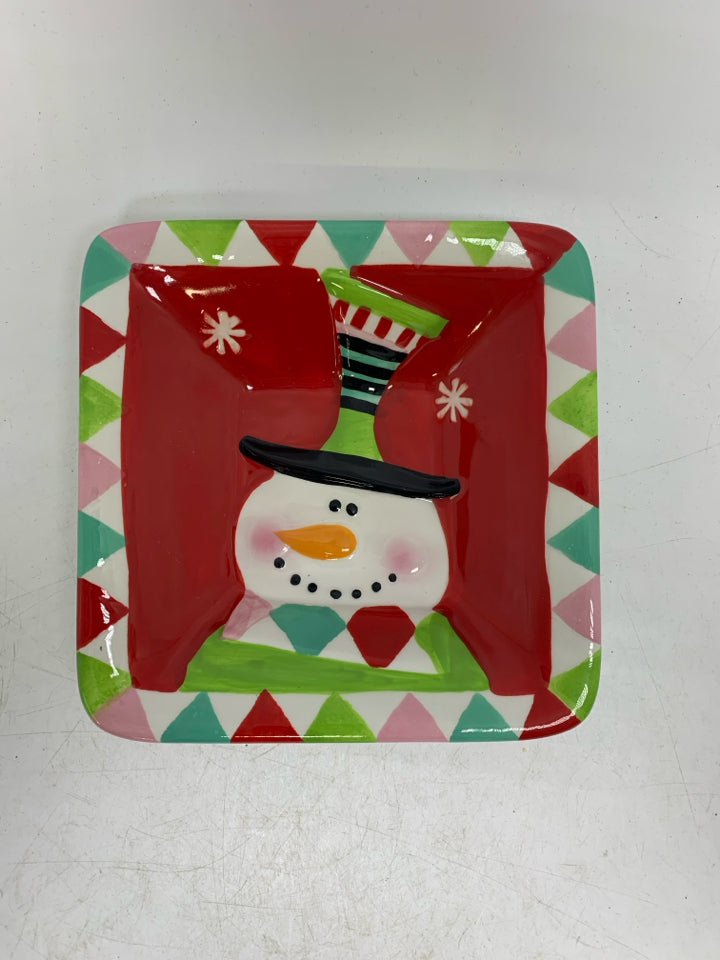 PIER 1 SMALL COLORFUL SNOWMAN SQUARE BOWL.