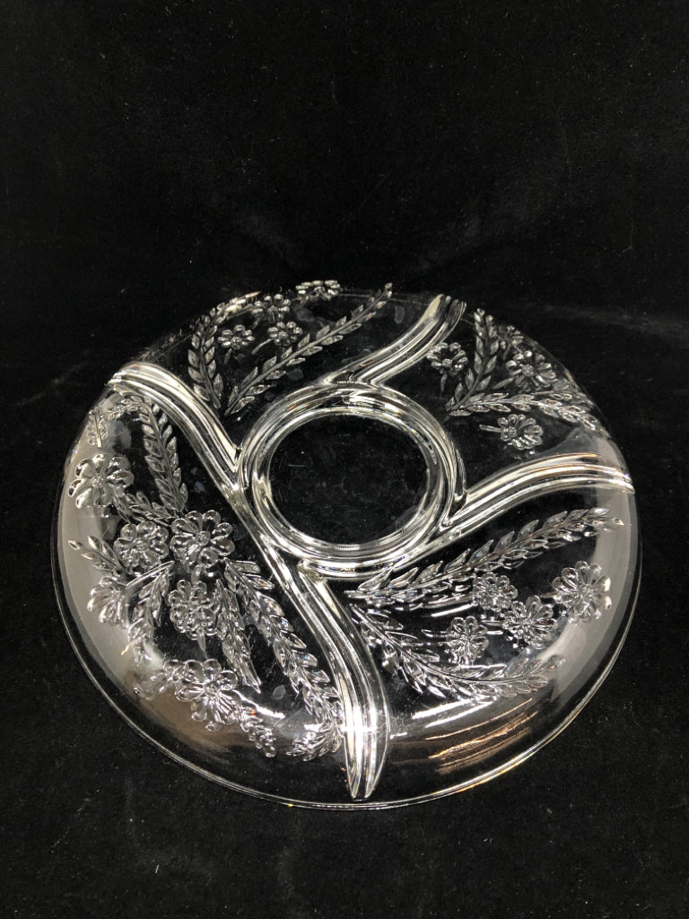 CLEAR GLASS 5 SECTION SERVING DISH W/EMBOSSED FLOWERS.