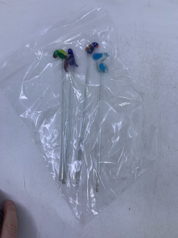 4 BLOWN GLASS BIRD DRINK STIRERS IN BAG.