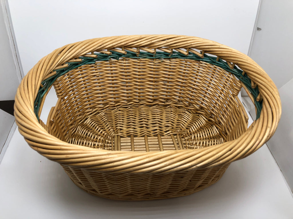 OVAL WOVEN BASKET W/TEAL STRIPE.