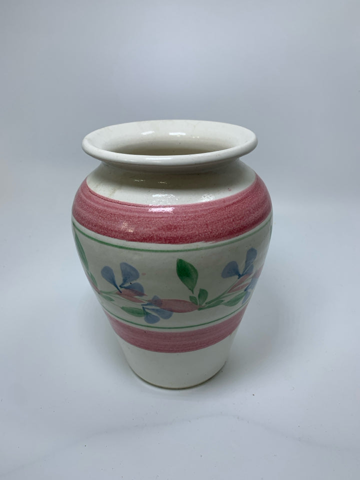 WHITE POTTERY VASE W/ PINK BANDS & FLOWERS.