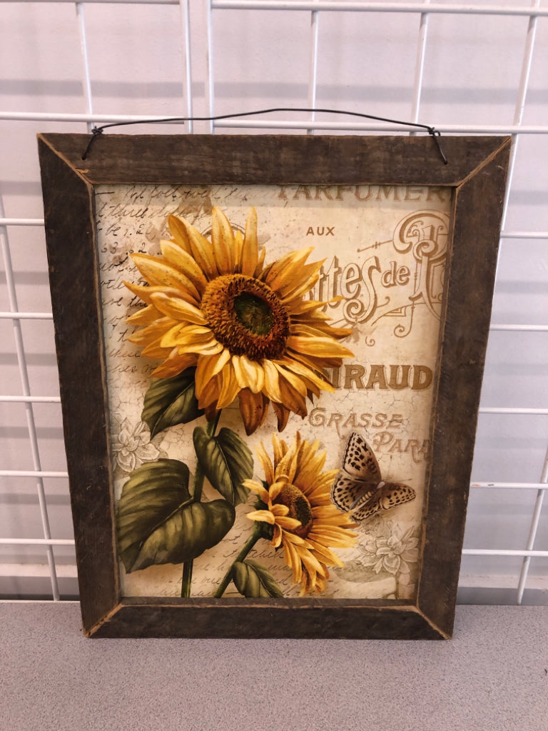 SUNFLOWERS AND BUTTERFLY PRINT IN RECLAIMED WOOD FRAME.