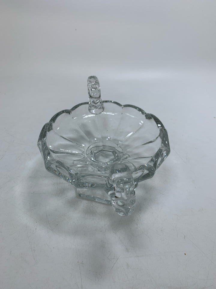 CLEAR GLASS SHALLOW BOWL W/ DOUBLE HANDLE.