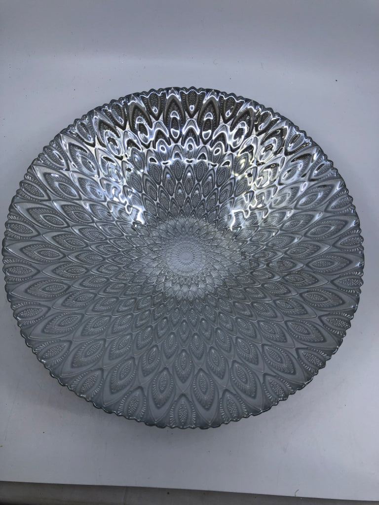 SILVER GLASS BOWL W/ TEAR DROP DESIGNS UNEVEN EDGE.