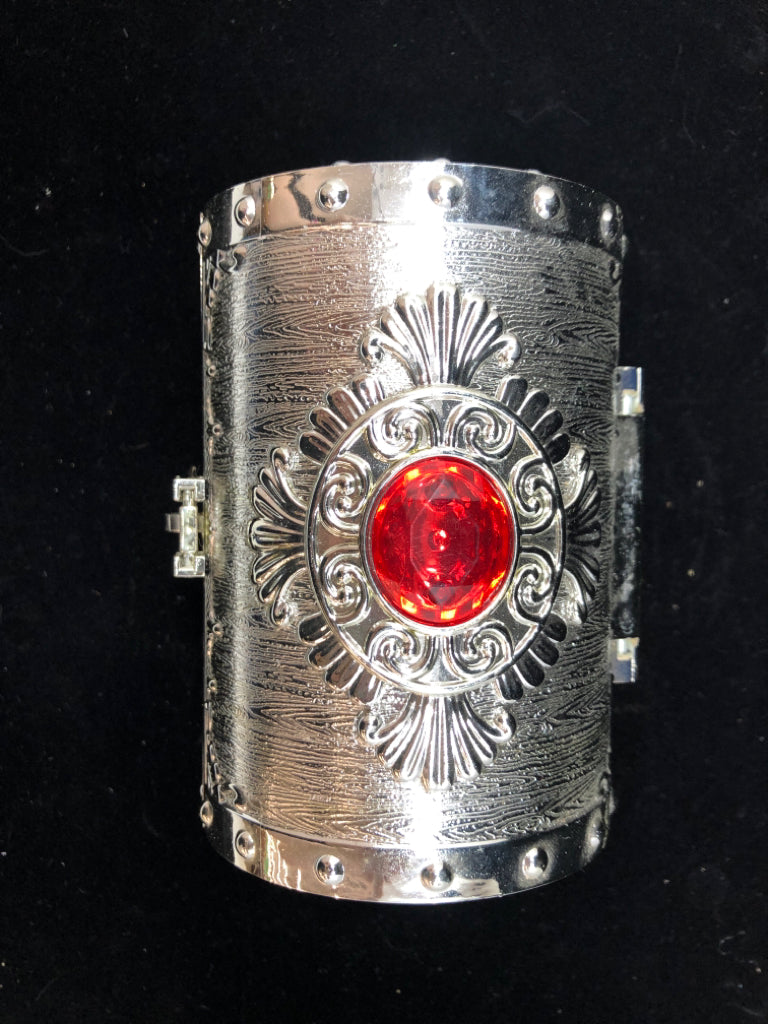 SILVER PAINTED PLASTIC TREASURE CHEST W/LOCK AND KEY.