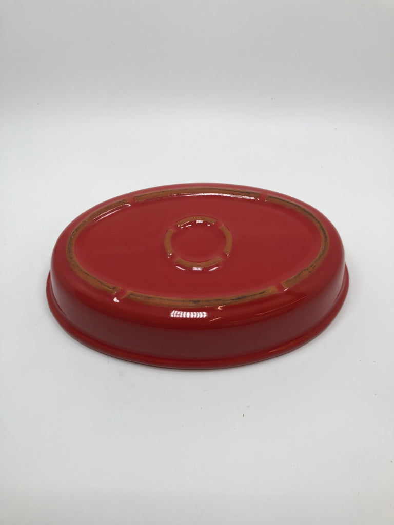 RED POTTERY CASSEROLE DISH.