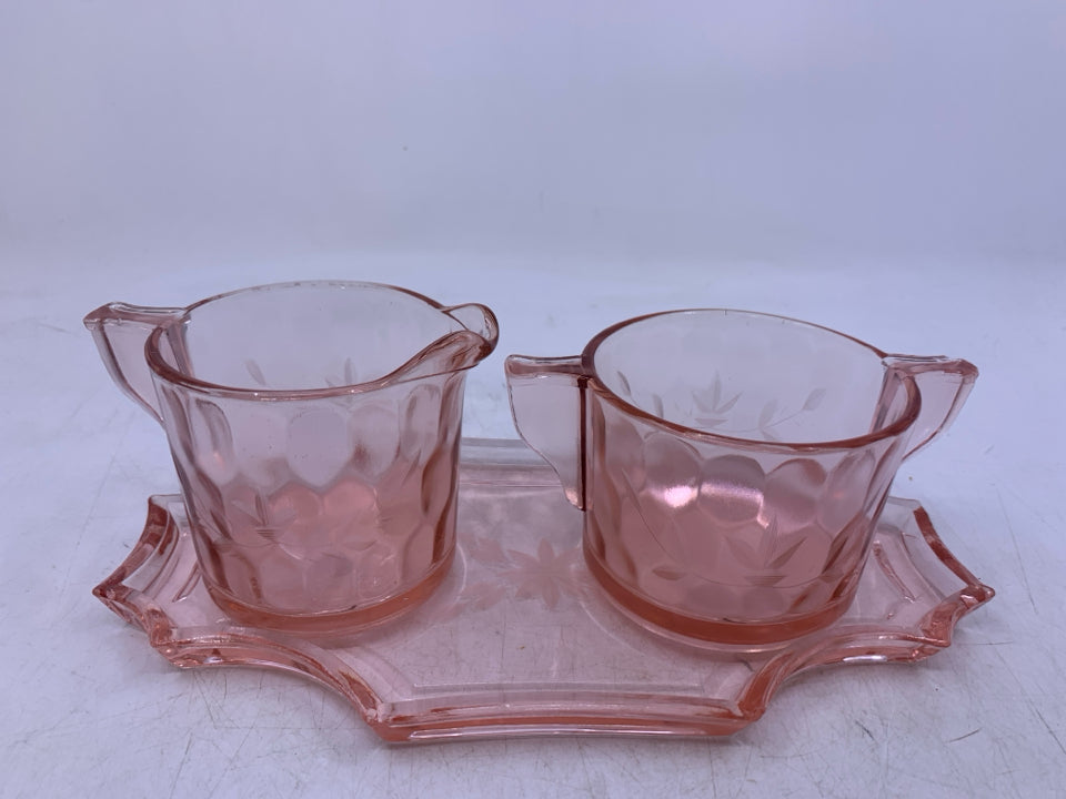 VTG 3 PC PINK GLASS W/ ETCHED FLOWERS.