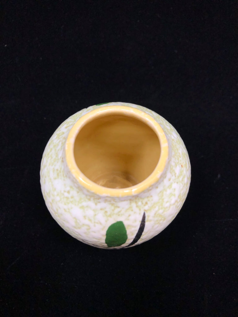 TEXTURED CERAMIC VASE W/GREEN AND PINK LINES.