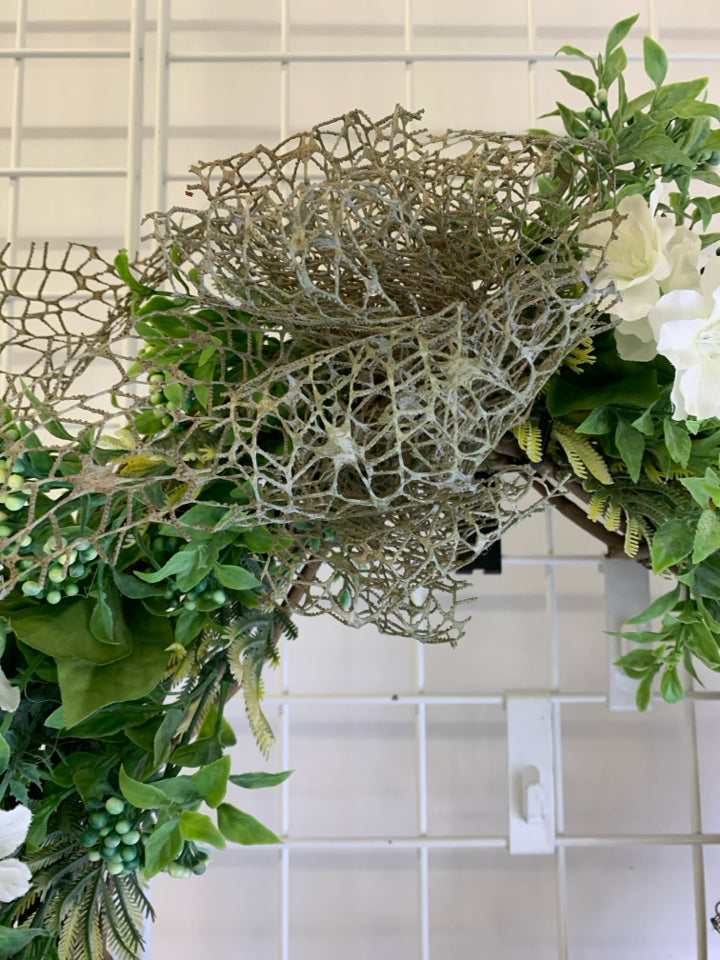 TWIG WREATH W/FAUX WHITE FLORAL GREENERY & WOOD BEAD HOME SIGN.