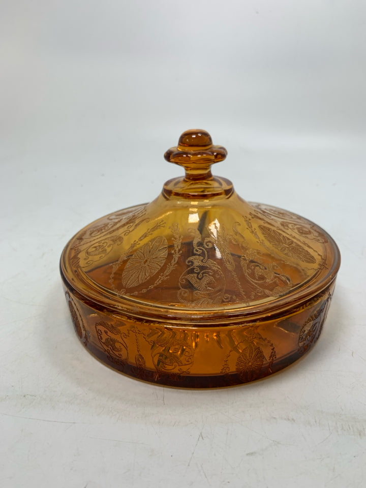 VTG DARK ORANGE DIVIDED DEPRESSION GLASS CANDY DISH.