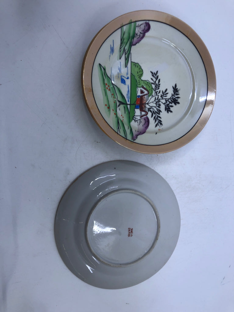 6 VTG ORANGE LUSTRE LANDSCAPE SALAD PLATE.