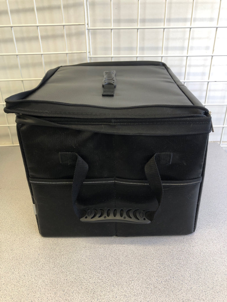 BLACK FILE BOX WITH ZIPPER AND COMBINATION LOCK.