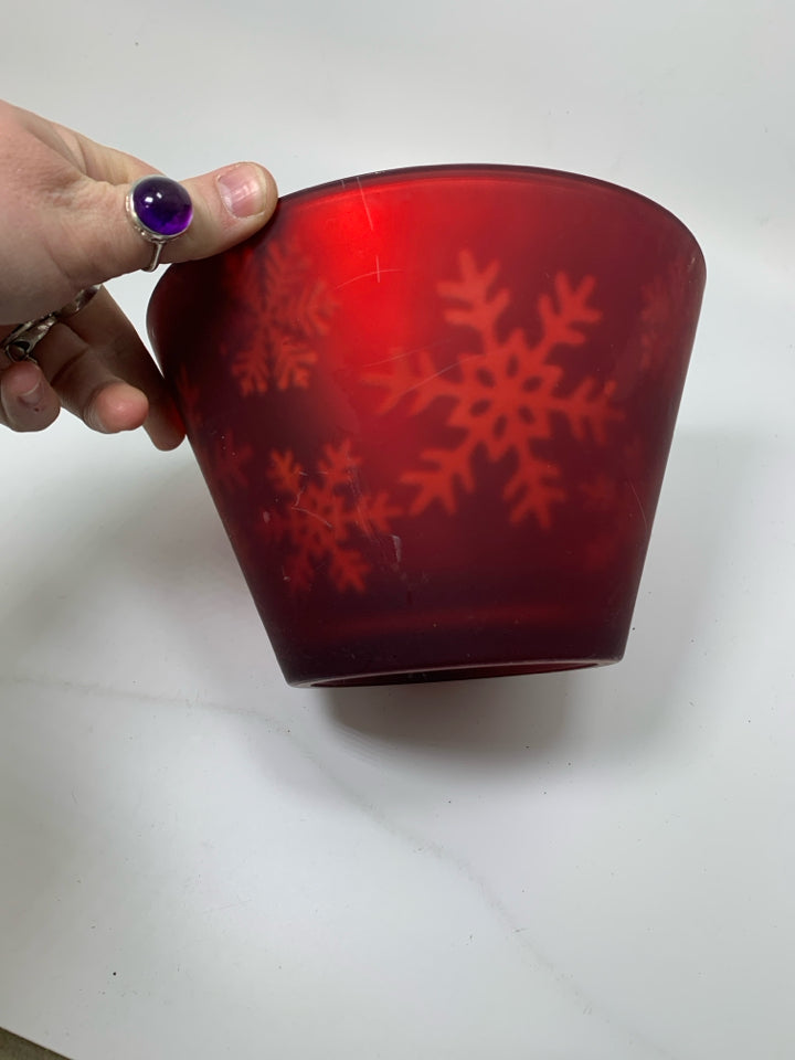 RED GLASS PLANTER W/ GOLD SNOWFLAKES.