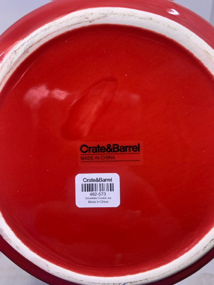 RED CANISTER W/ EMBOSSED SNOWFLAKES CRATE & BARREL.
