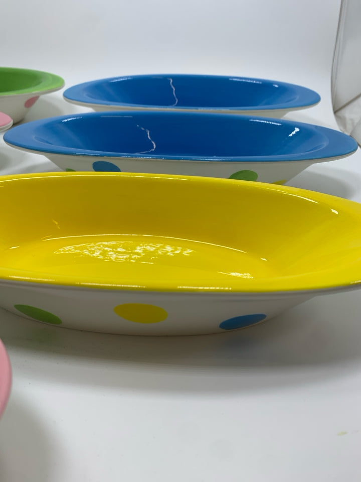 7 COLORFUL POLK-DOT CENTURY BANANA SPLIT BOWLS.