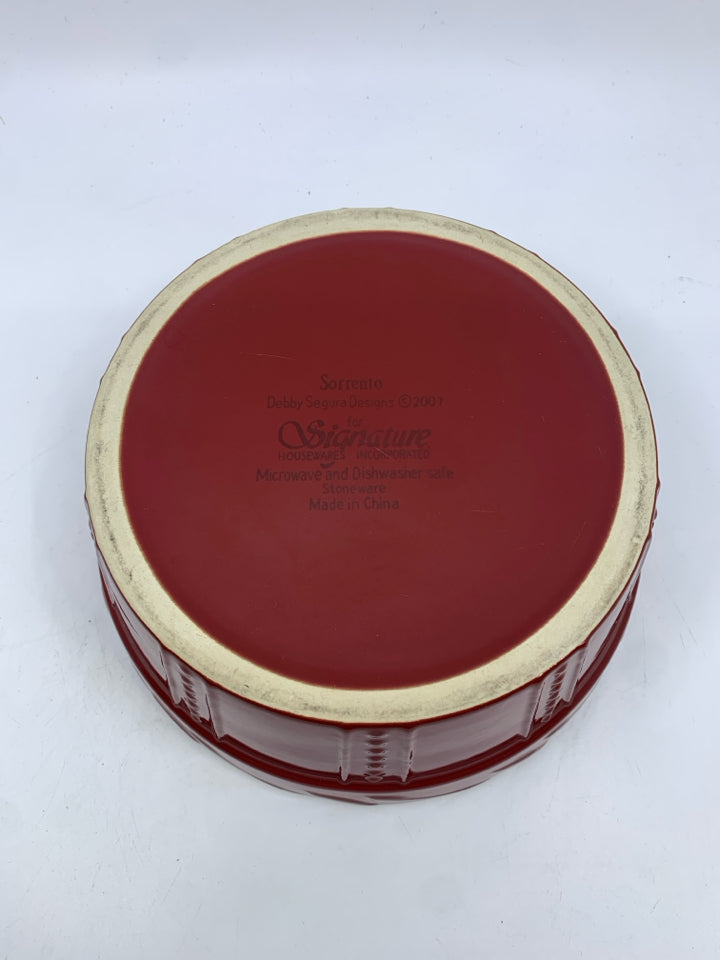 MAROON STONEWARE BAKING BOWL.
