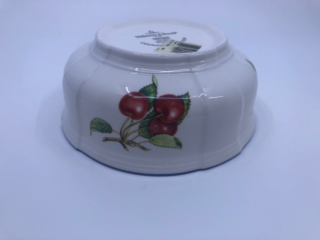 PORCELAIN WHITE BOWL BLUE TRIM APPLES- COTTAGE.