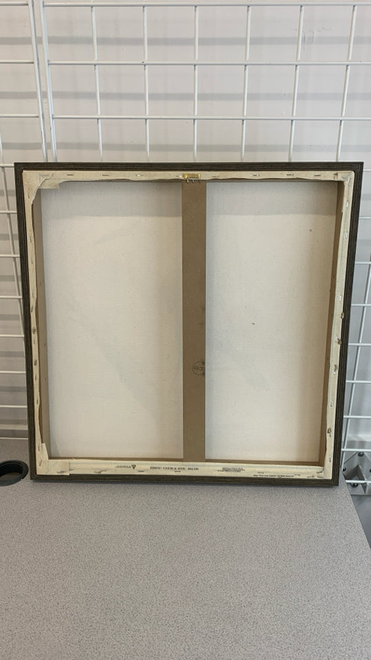 WHITE CRANE CANVAS IN BROWN FRAME.
