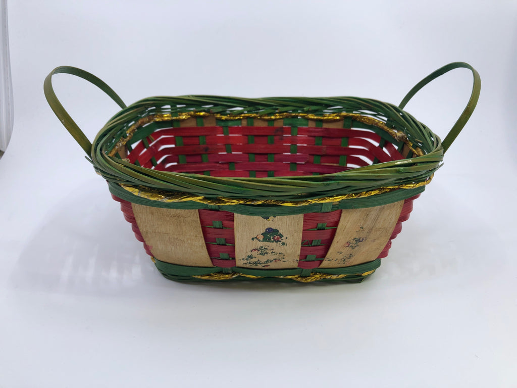 RED & GREEN WICKER BASKET W/CHRISTMAS TREES.