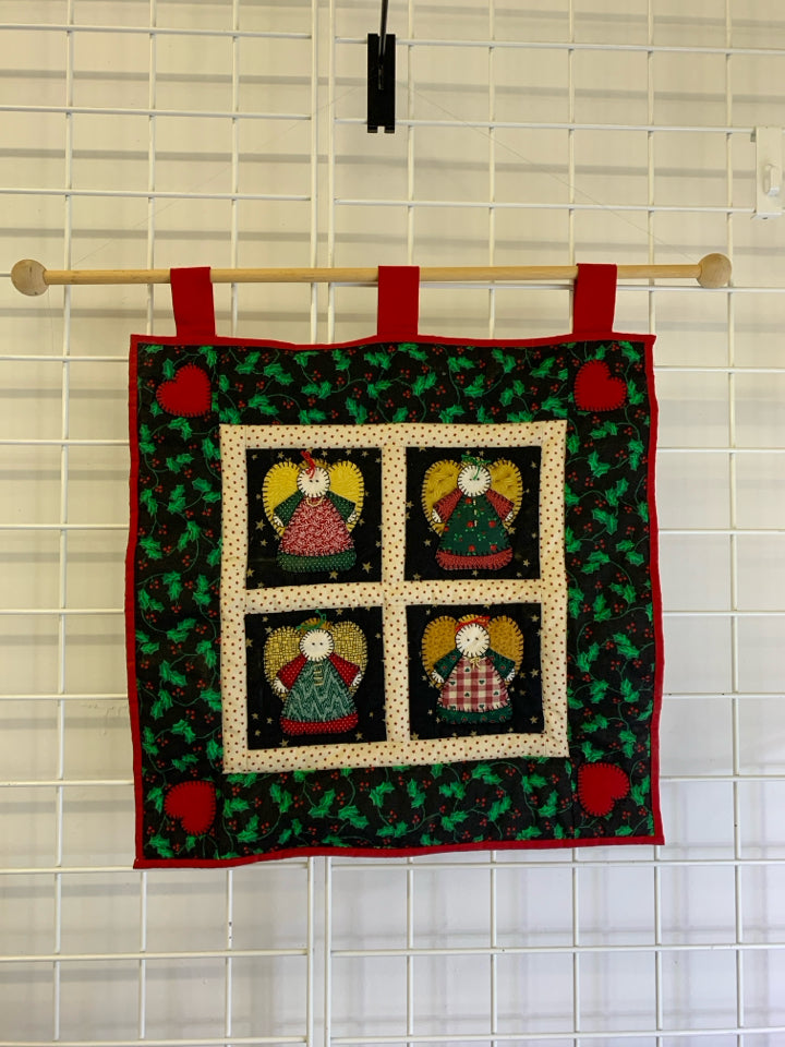 ANGELS QUILTED SQUARE WALL HANGING W/DOWEL ROD.