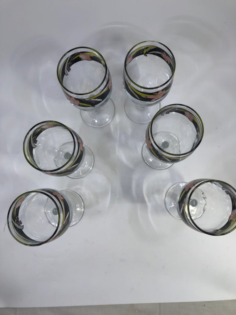 6 VTG WINE GLASS PINK/BLACK FLORAL.