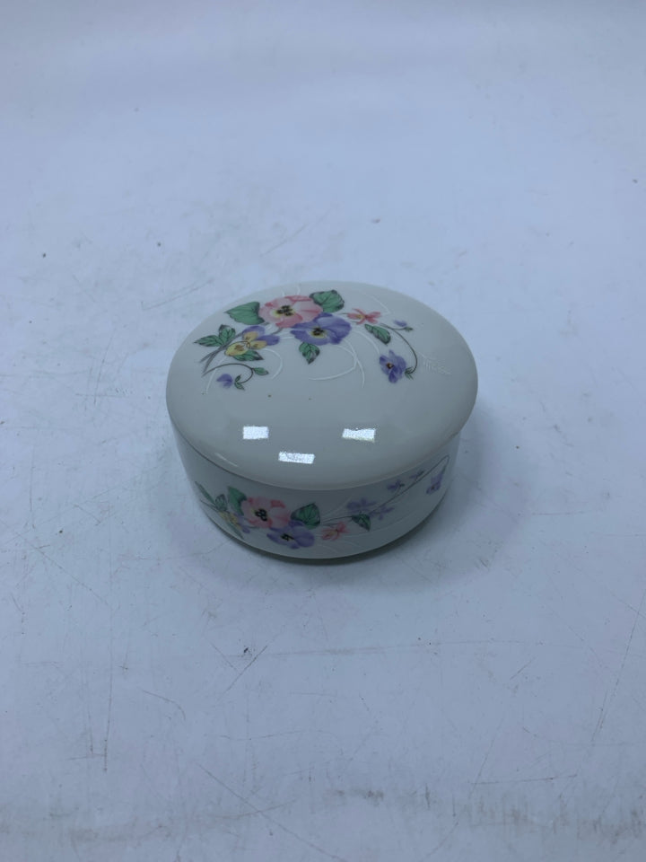 PINK & PURPLE FLOWERS ROUND TRINKET BOX.
