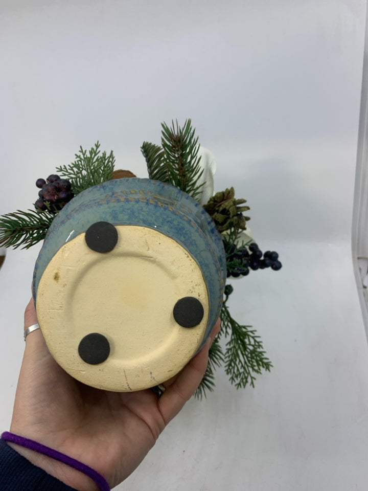 WHITE FLOWER WINTER BUNCH IN BLUE PLANTER.