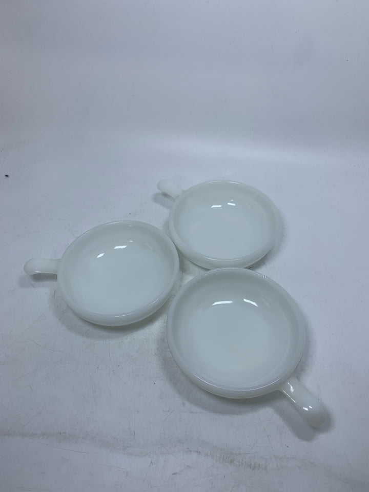 3 MILK GLASS SINGLE BAKERS W/ HANDLES.