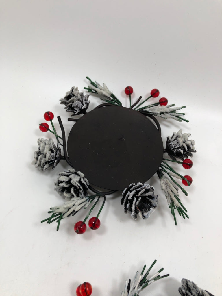 2 SHORT METAL PINE NEEDLES & FROSTED PINECONES PILLAR CANDLE HOLDERS.