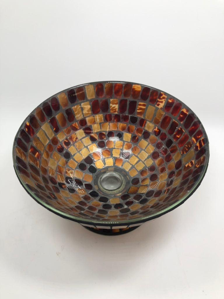 BROWN GLASS MOSAIC FOOTED BOWL.