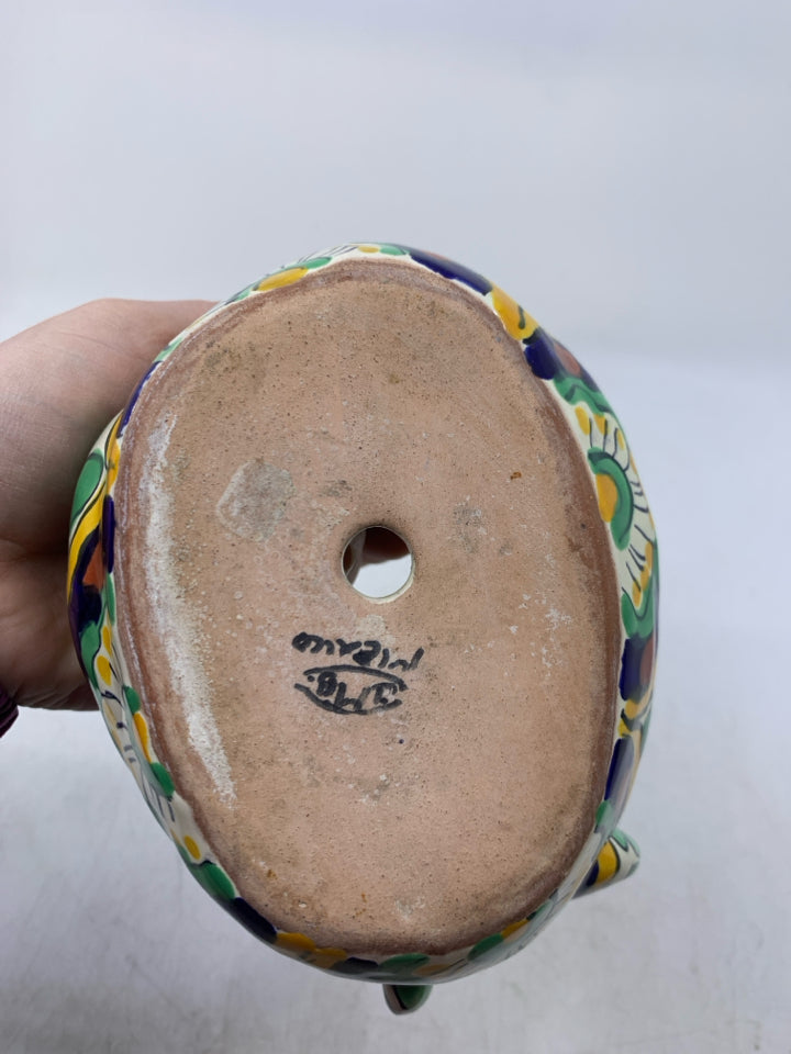 TERRA COTTA LAYING HEN W/ COLORFUL DESIGNS.