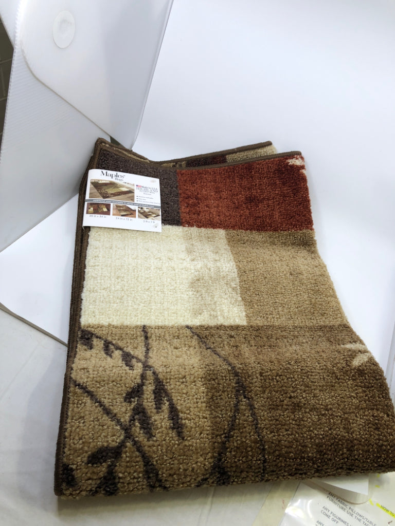 MAPLES HIGHLAND ACCENT RUG TAN & RED W/BROWN BORDER & THIN BRANCHES.