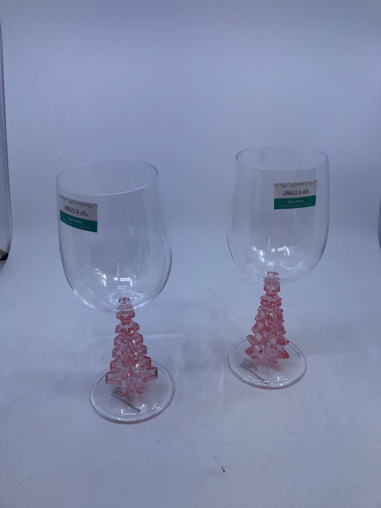 2 PINK CHRISTMAS TREE WINE GLASSES.