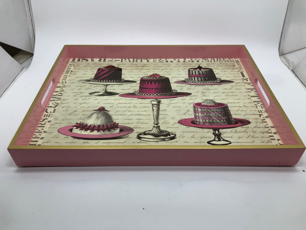 PINK CAKE-PRINT TRAY W/HANDLES.