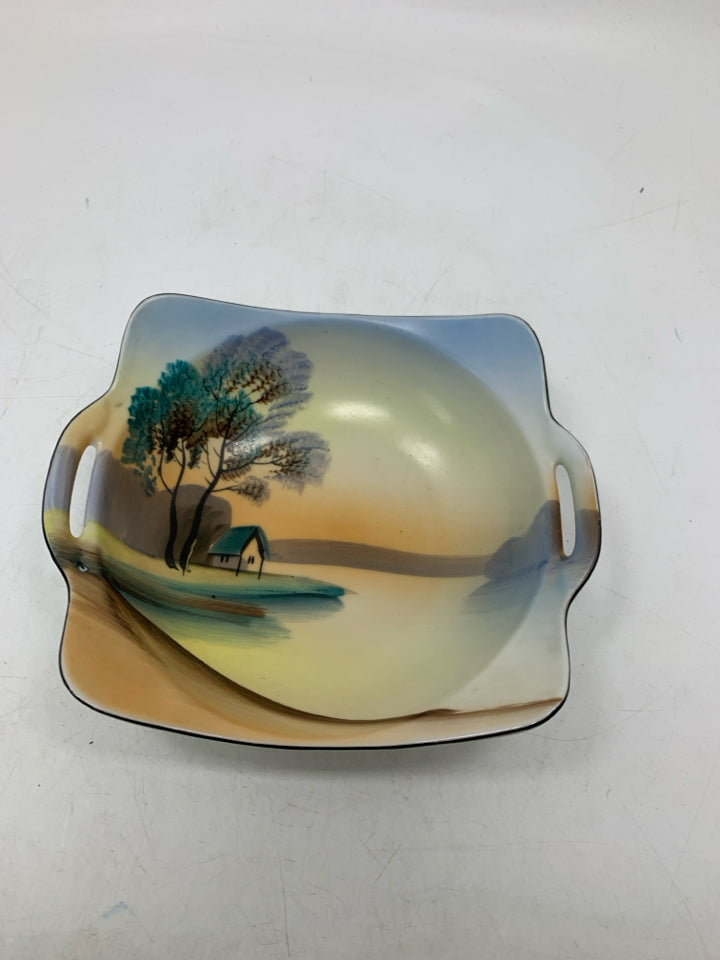 VTG HOUSE W/ TREE NEAR WATER ASIAN STYLE BOWL W/ HANDLES.