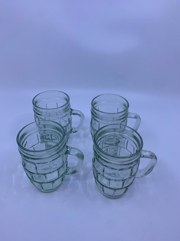 4 GLASS BARREL LOOK CUPS W/ HANDLES.