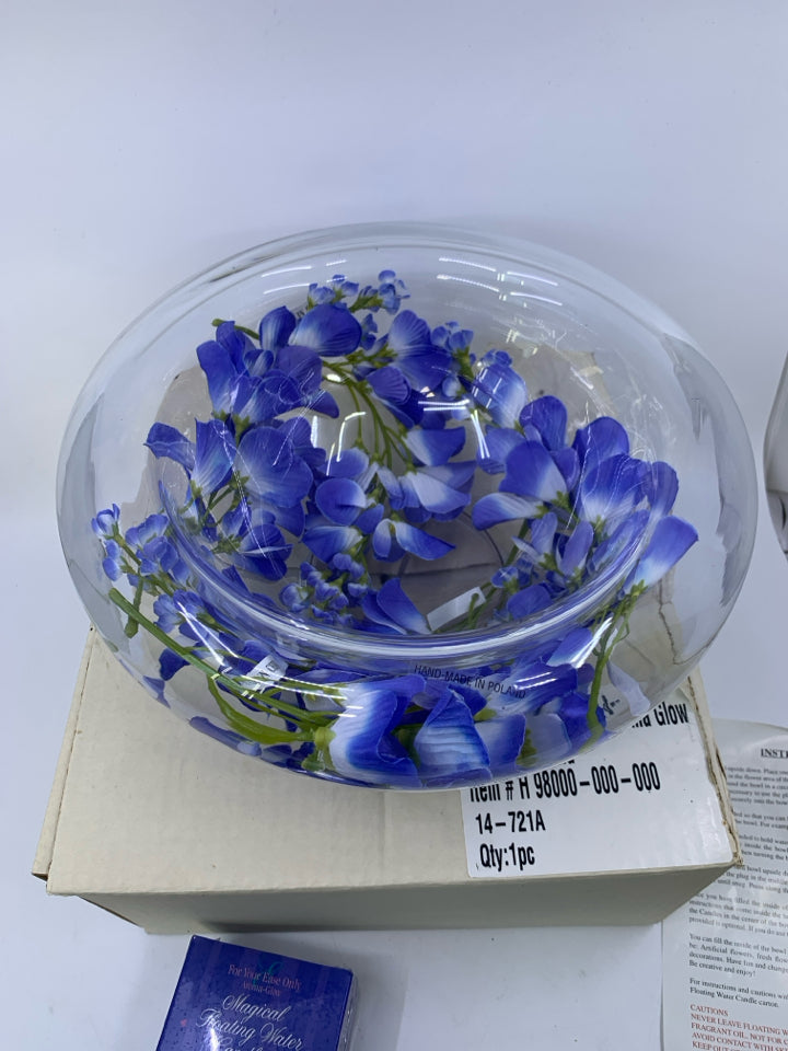MAGICAL FLOATING WATER CANDLE SET W/ DECORATIVE BOWL AROMA GLOW MADE IN ENGLAND.
