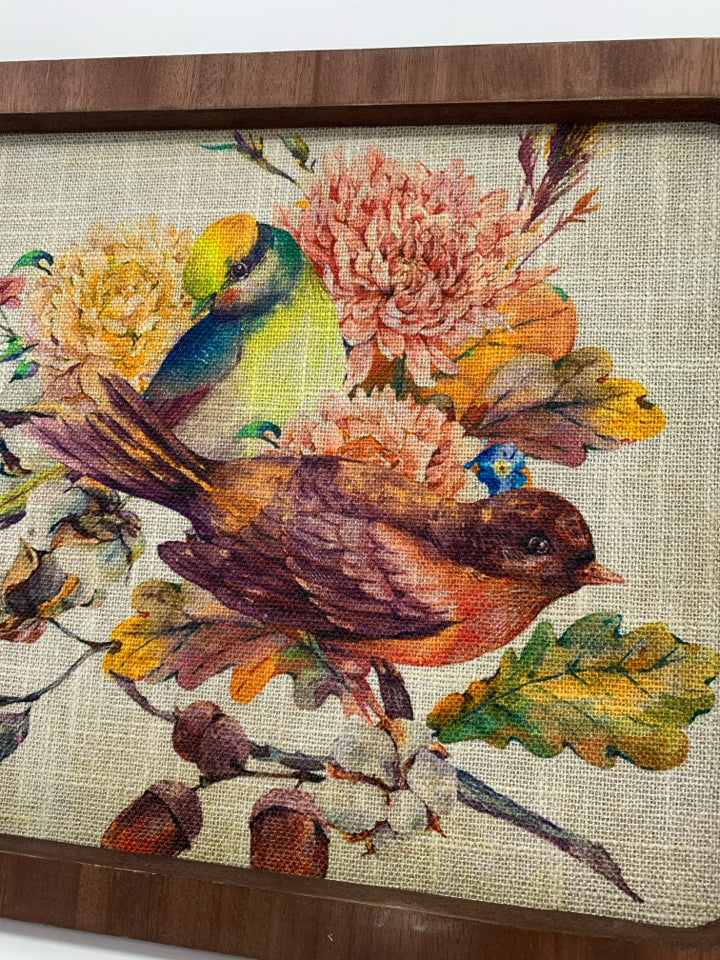 COLORFUL BIRDS ON FABRIC FRAMED PRINT.